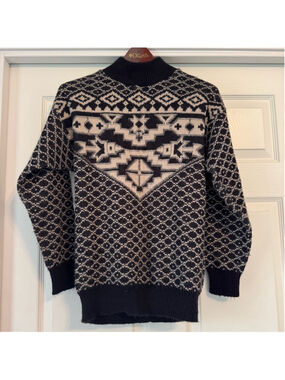 Vintage 80’s Beldoch Popper Sweater Size S Black Tan Southwest Patterned